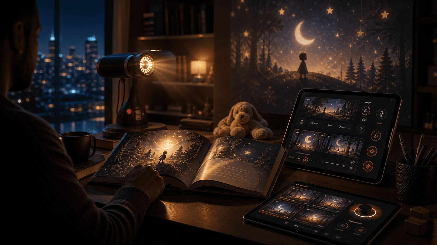 Cinematic movie-still candidate for the Goodnight eNight story system case
