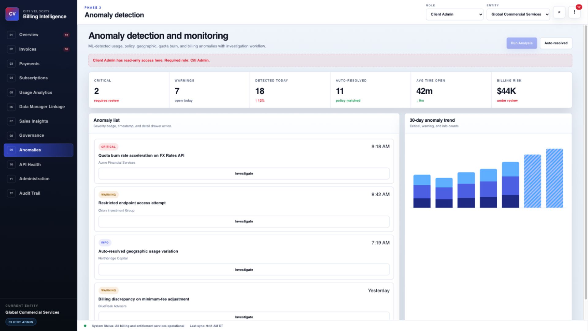 Billing Intelligence anomaly detection and monitoring screen