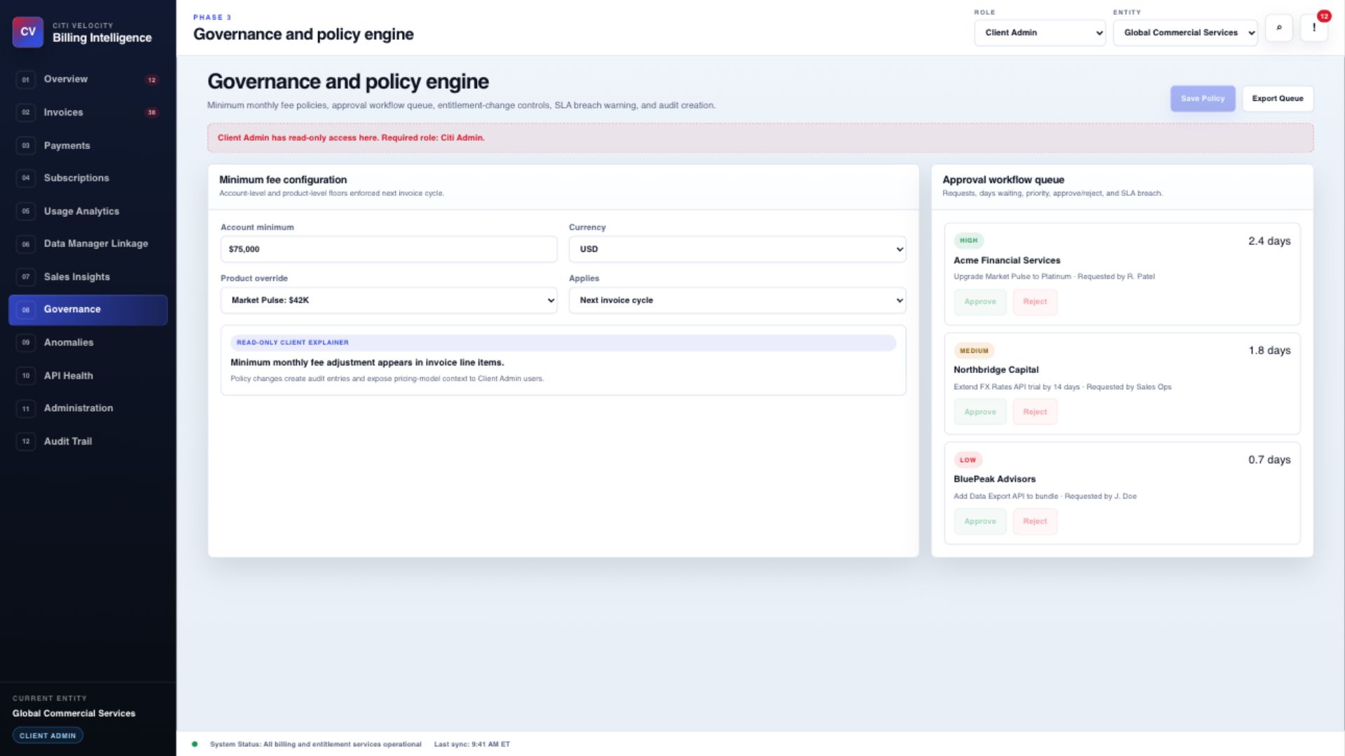 Billing Intelligence governance and minimum monthly fee policy screen