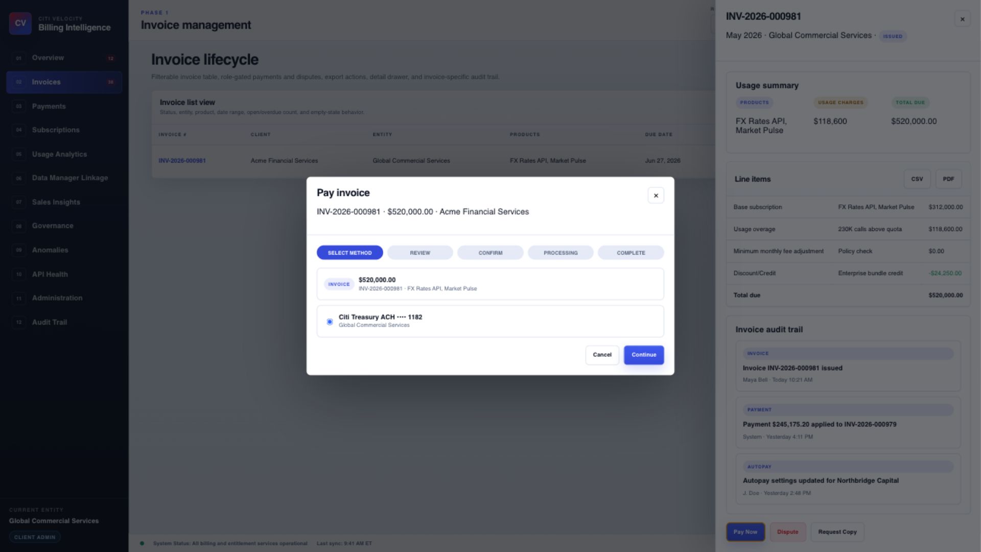 Billing Intelligence invoice drawer and payment wizard
