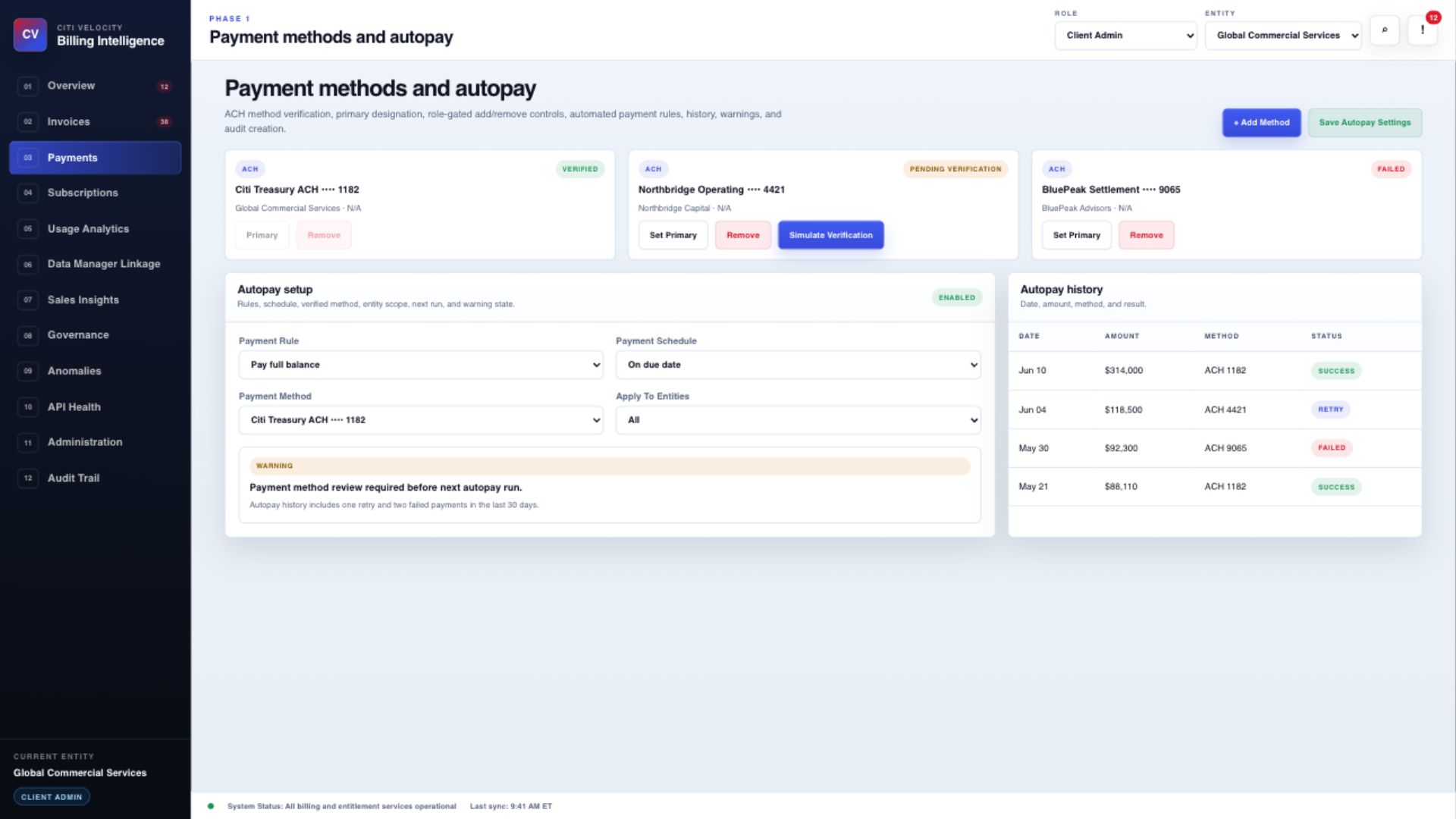 Billing Intelligence payment methods and autopay configuration screen