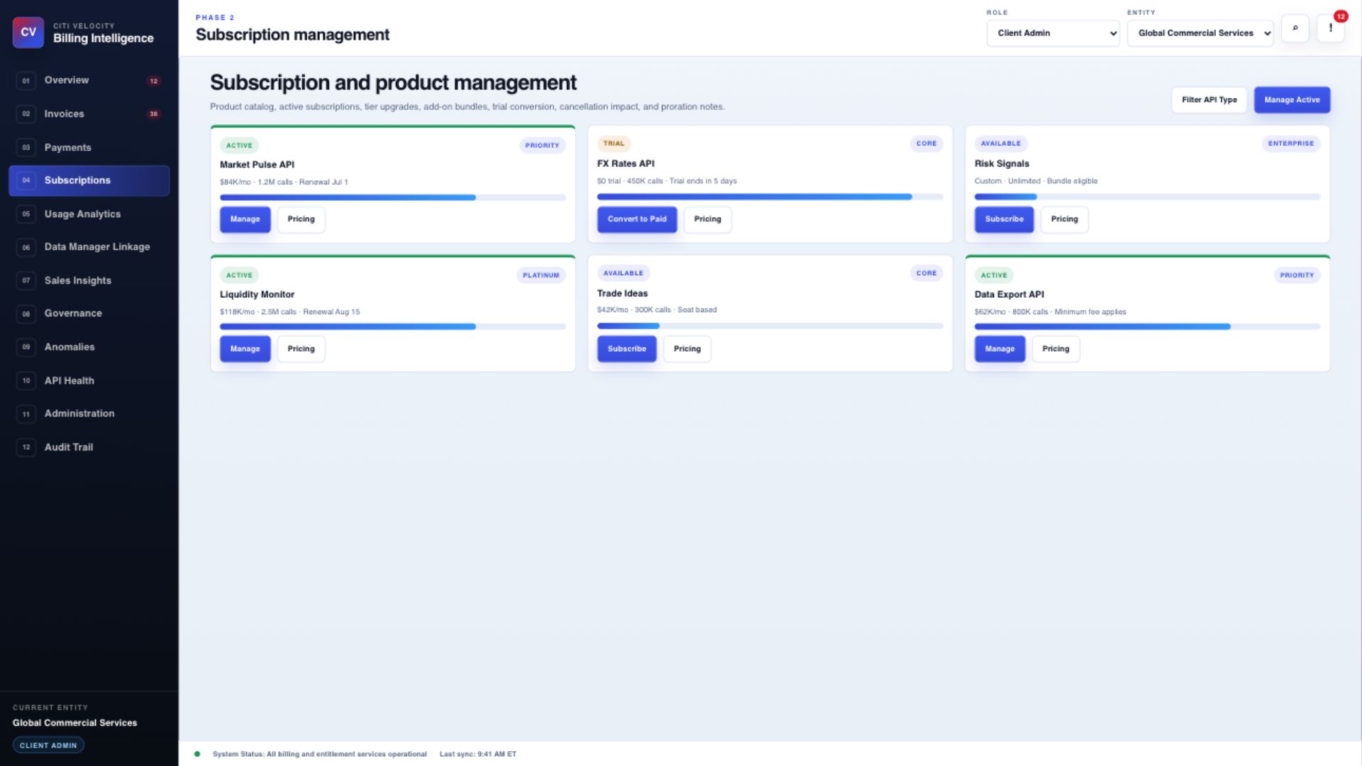 Billing Intelligence subscription and product management screen