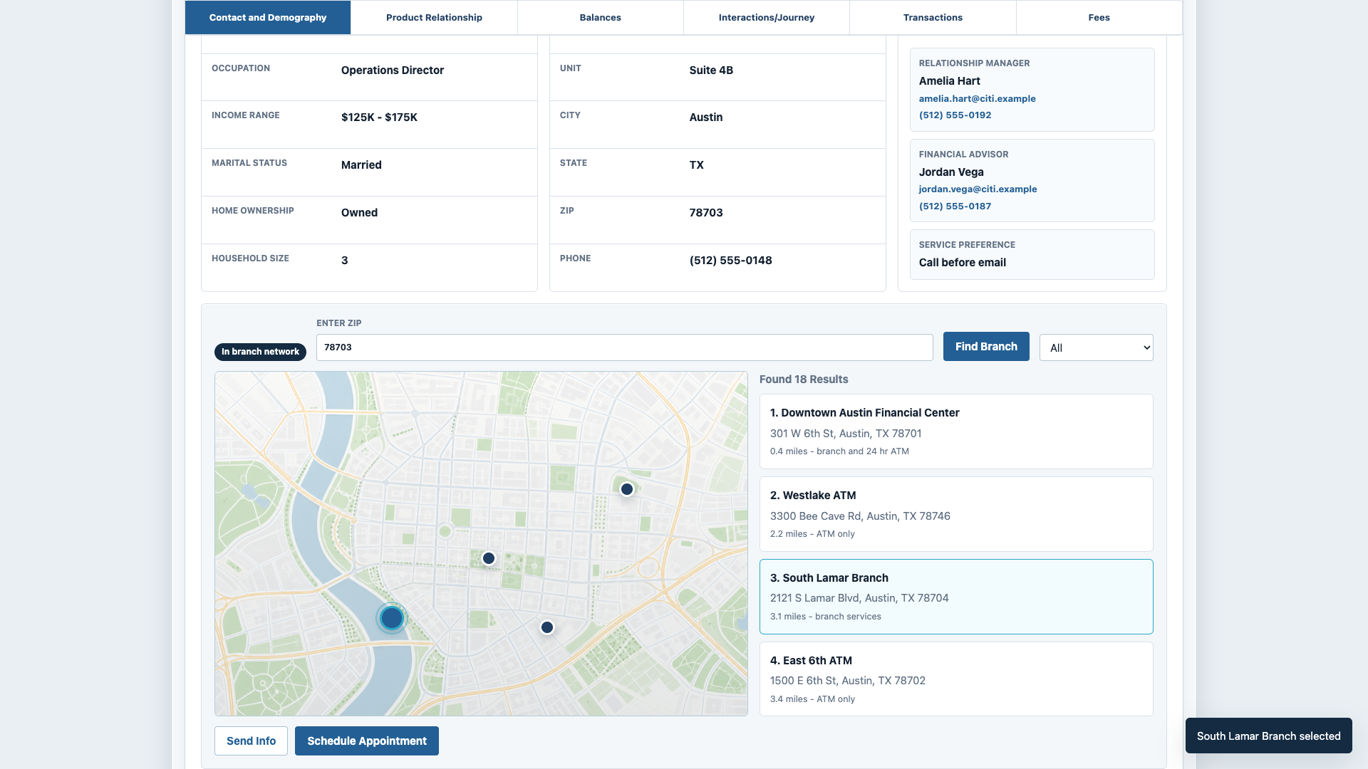 Sanitized Customer 360 prototype branch locator with map, nearby branches, and appointment actions