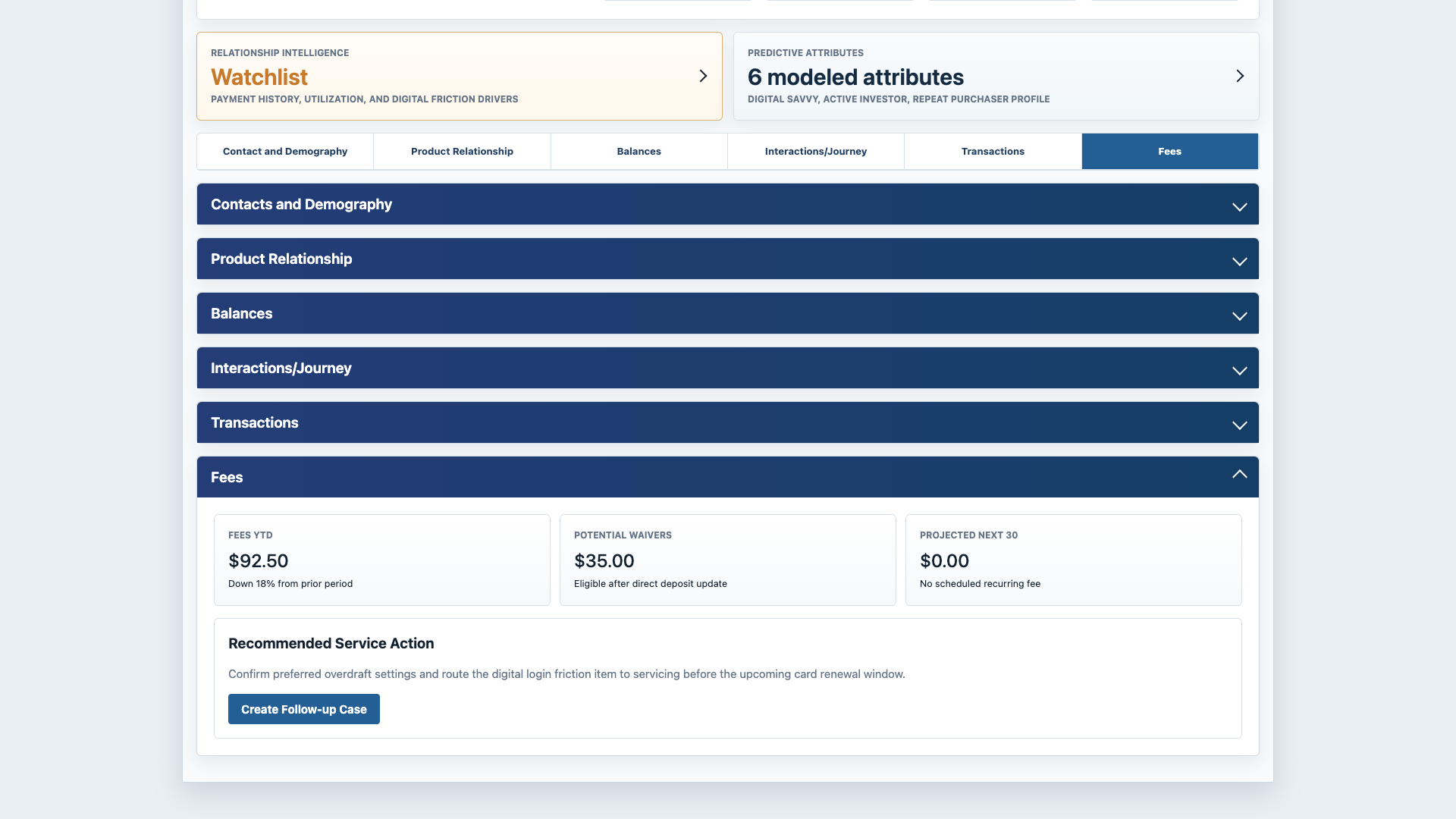 Sanitized Customer 360 prototype fees screen with service recommendation and waiver context
