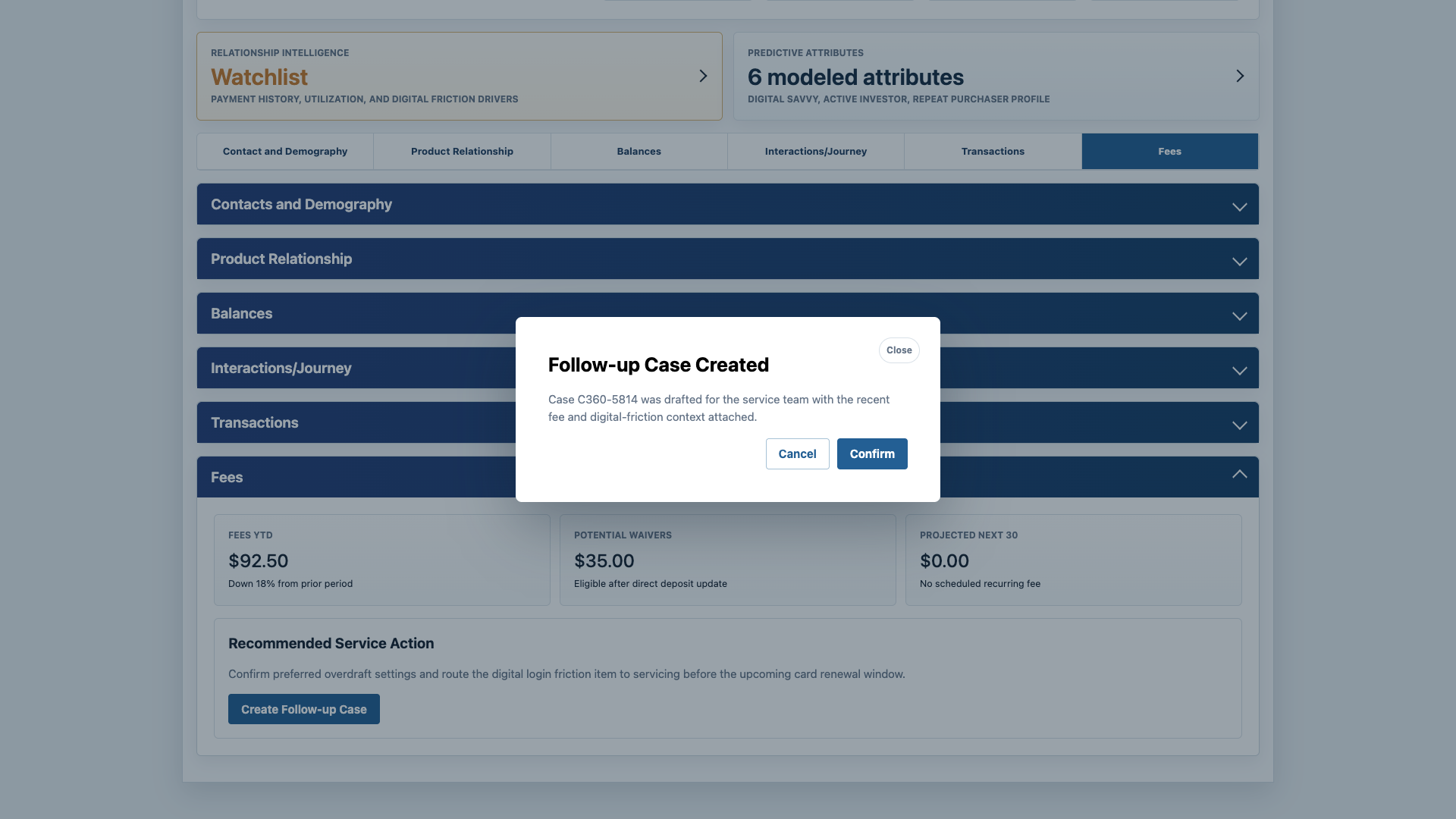 Sanitized Customer 360 prototype follow-up case modal generated from fee and friction signals