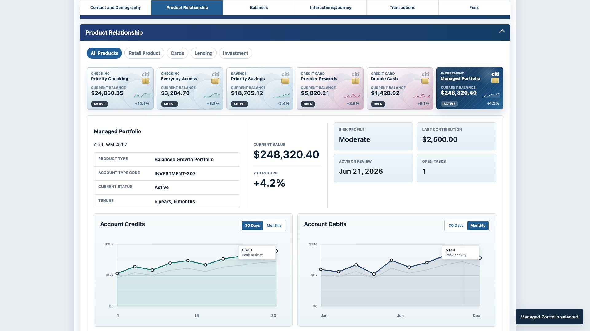Sanitized Customer 360 prototype managed portfolio detail with investment account metrics
