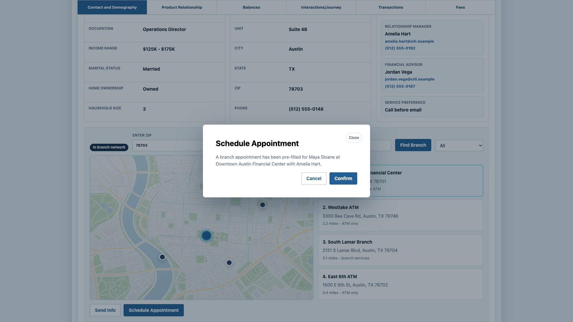 Sanitized Customer 360 prototype appointment scheduling modal over the branch locator workflow