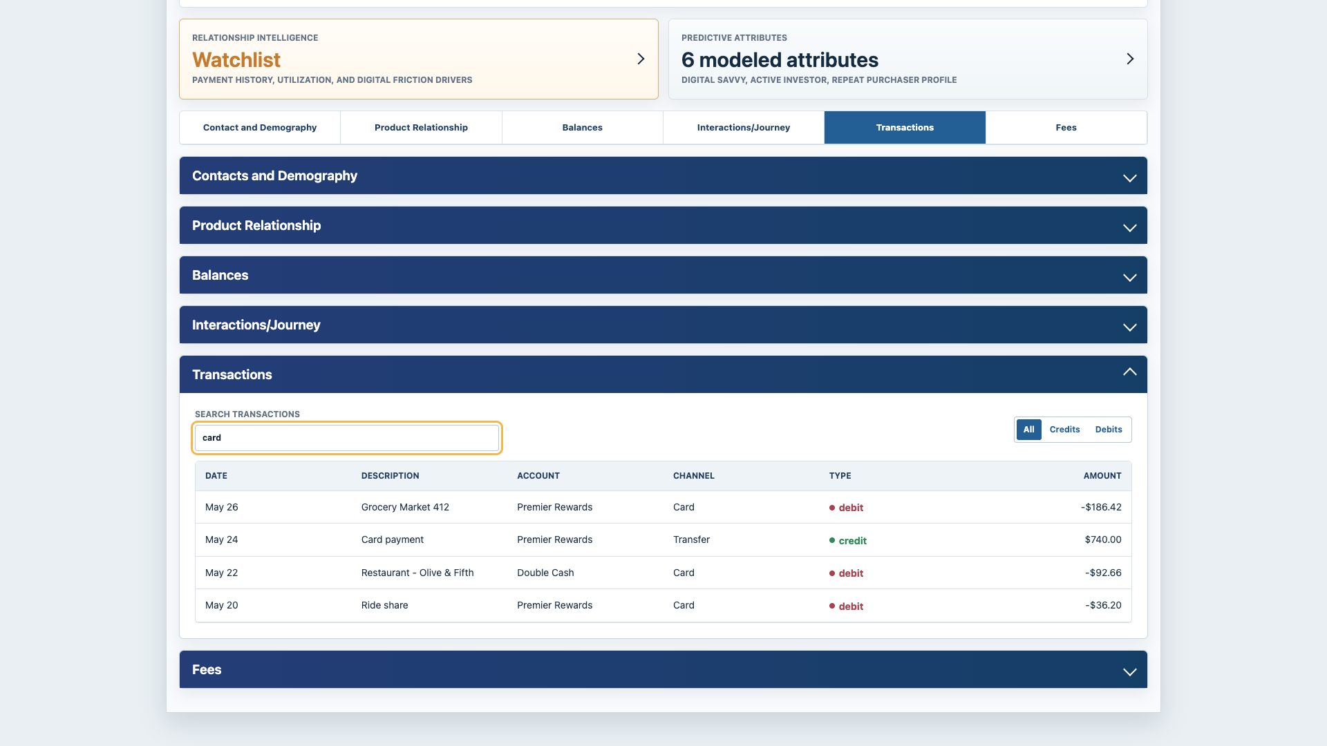 Sanitized Customer 360 prototype transaction search and table view with synthetic card activity