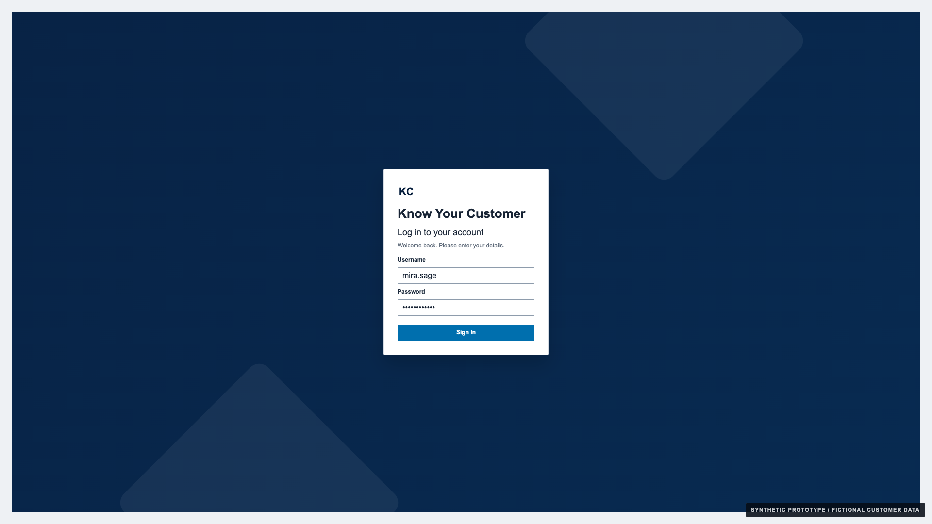 Synthetic KYC prototype login screen for an internal analyst workflow