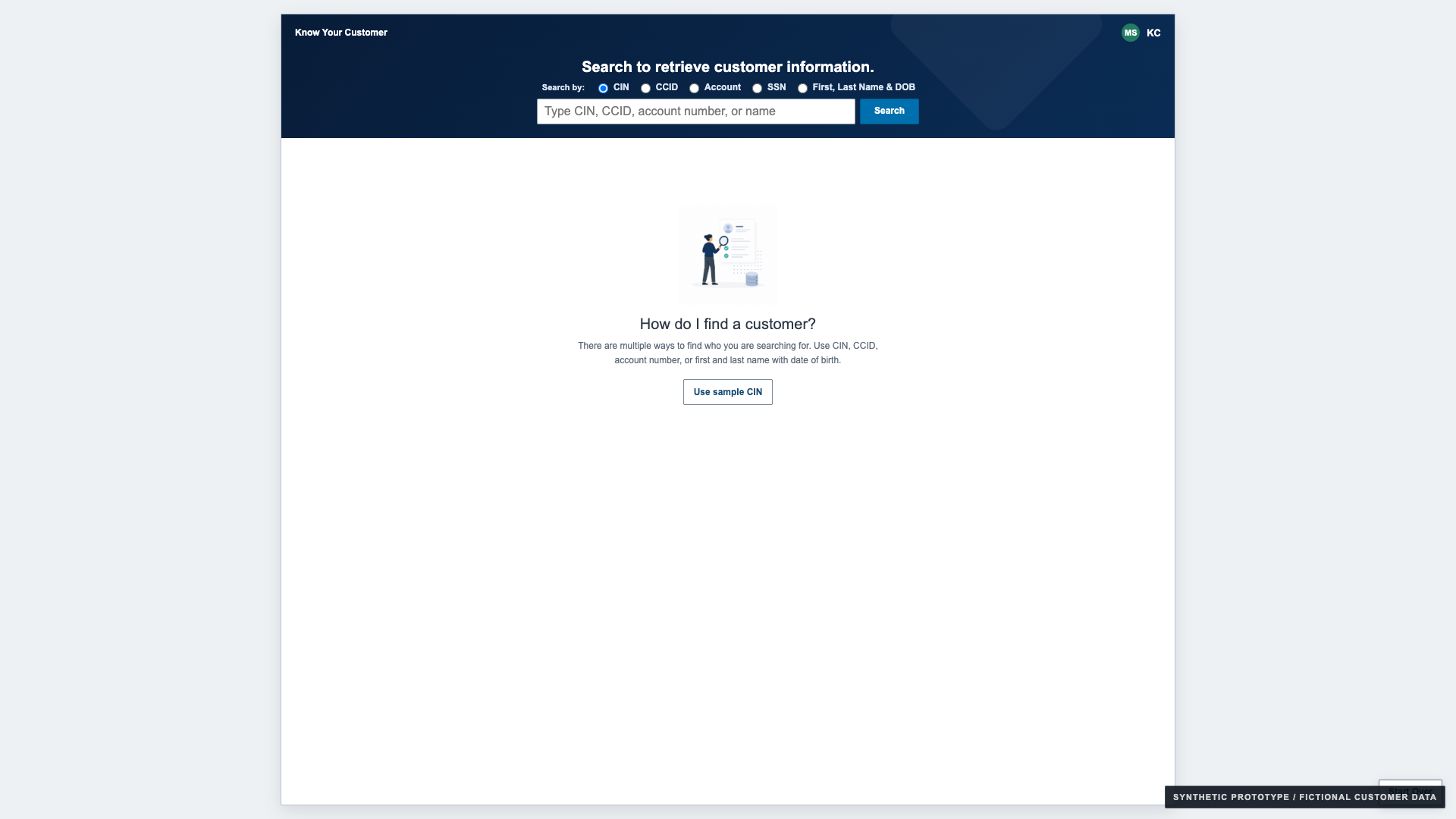 Synthetic KYC prototype customer search screen with identifier options