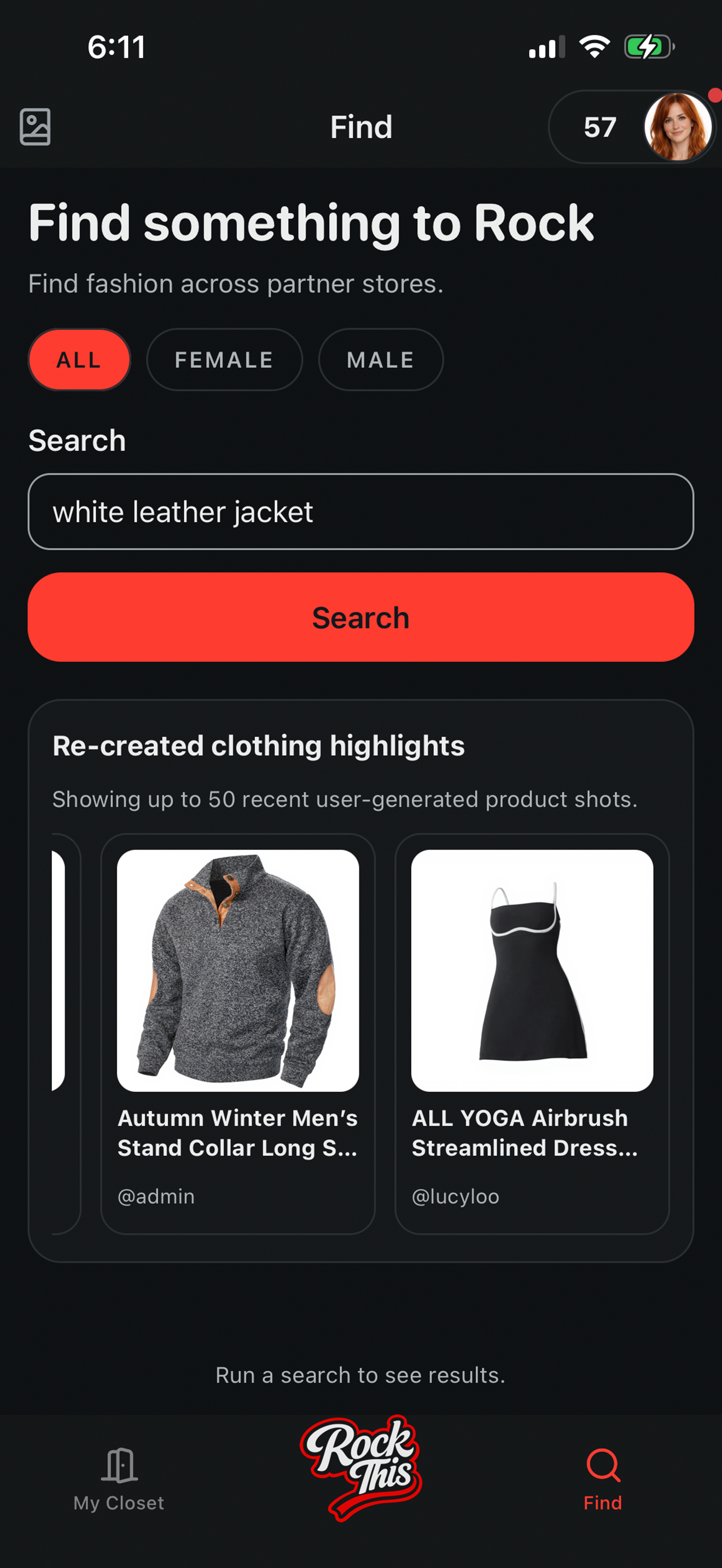 Rock This app screen for finding fashion products to add to a look