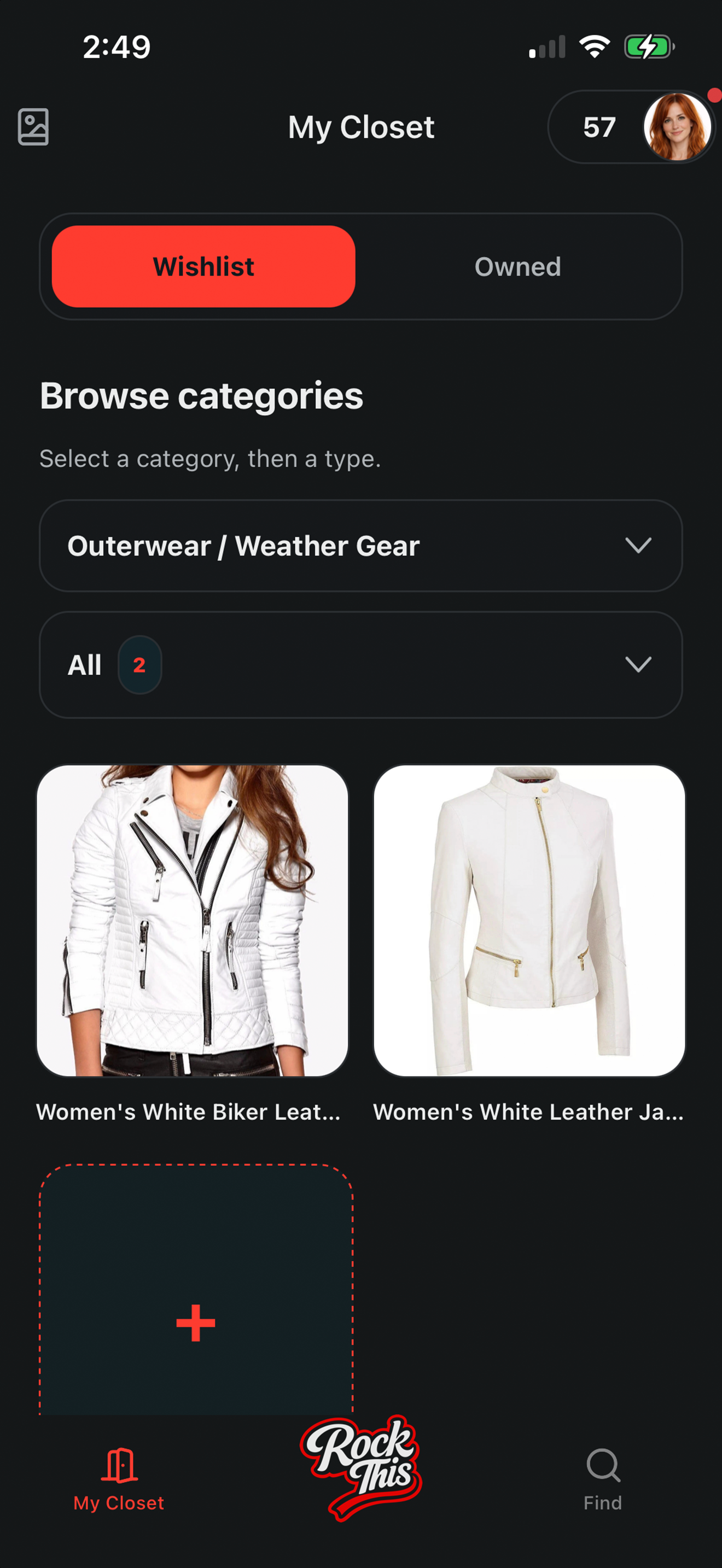 Rock This My Closet wishlist screen with saved fashion products