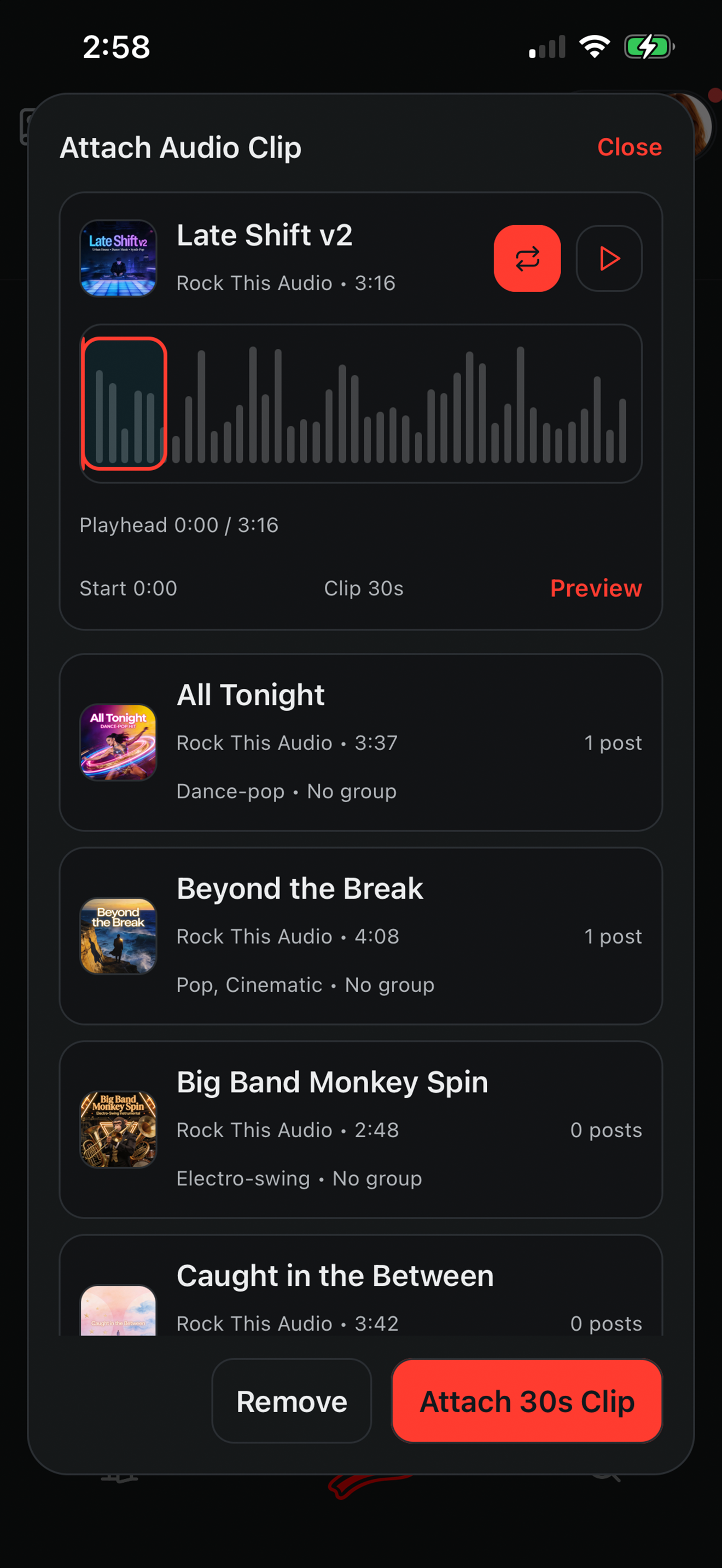 Rock This attach-audio screen for selecting a soundtrack clip
